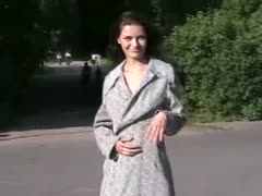Fabulous dark brown Russian legal age teenager cutie in coat outside flashes her goodies 